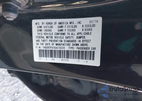 2014 Honda Accord Ex-L from USA, damaged, VIN 1HGCR2F87EA278330